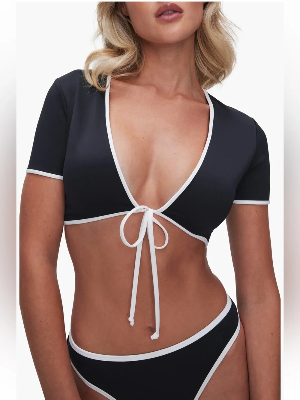 Good American Black Bikini Top with White Trim and Tie Front